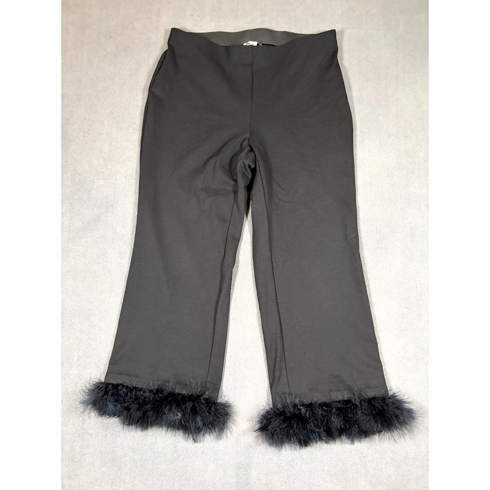 Anne Klein Cropped Pants Women's 0X Black Feather Trim Hem High Waisted Pull On